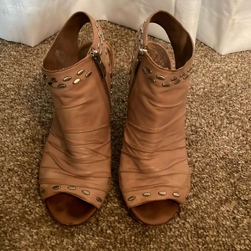Vince Camuto "Avo" Studded Leather Peep-toe Heel Booties